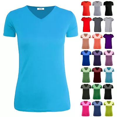 Buy Womens Ladies Casual Cap Sleeve Plain V Neck Basic Stretchy Baggy Jersey T Shirt • 6.99£