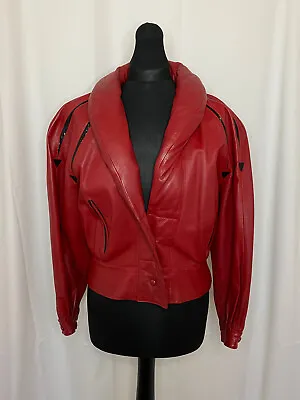 Buy Red Leather Jacket With 80s Styling, Puffed Collar, And Black Details, Size UK12 • 200£