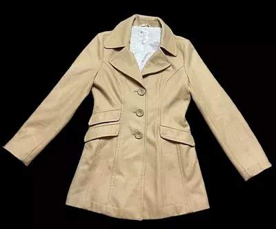 Buy Tulle Wool Blend Button Notch Collar Lined Pea Coat Jacket Large Women's Tan • 26.19£
