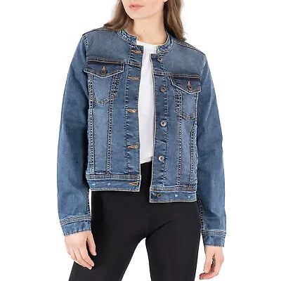 Buy Women's Basic Collarless Denim Jacket Ladies Long Sleeve Washed Jean Biker Top • 16.99£