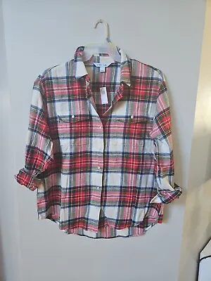 Buy Old Navy Women's Boyfriend Shirt Button Up Flannel Plaid White Red Size Large • 26.89£