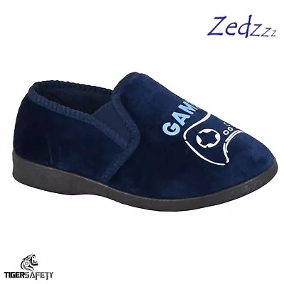Buy Zedzzz Boys Navy Blue Gamer Video Gaming Carpet Slippers House Shoes BS406C • 10.79£