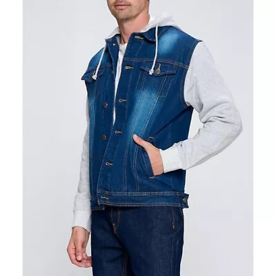 Buy Men's Jacket Hoodie Denim Cotton Long Sleeve Hybrid Hooded Trucker Jean Jacket • 73.24£