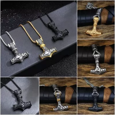 Buy Mens Stainless Steel Norse Viking Thors Hammer Mjolnir Pendant Necklace Jewelry • 6.50£