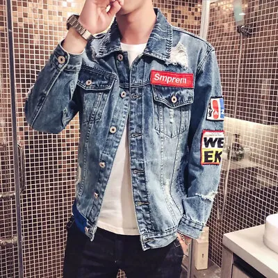 Buy Men Distressed Ripped Jeans Jacket Japanese Style Embroidery Cargo Denim Coat • 27.68£