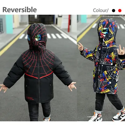 Buy Kids Boys Spiderman Hooded Puffer Jacket Coat Parka Winter Outerwear Reversible • 23.98£