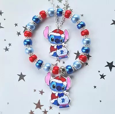 Buy 💙 New Lilo & Stitch Christmas Bead Charm Bracelet & Necklace Set In Gift Bag • 6.49£