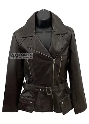 Buy 'FEMININE' Ladies Dark Brown Leather Jacket Belted Chic Rock Leather Jacket • 41.65£