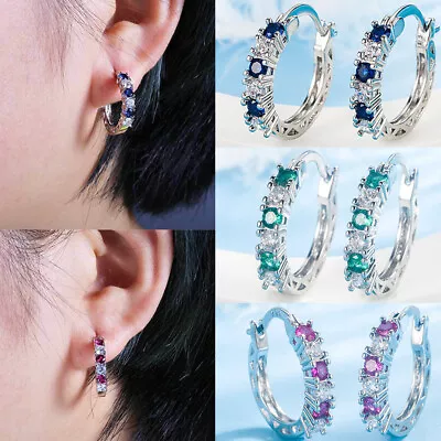 Buy 925 Sterling Silver Green Blue Crystal Hoop Earrings Jewellery Women Girls Gift • 3.95£