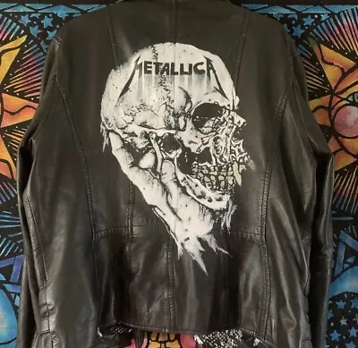 Buy Metallica Painted  Faux Leather Battle Biker Jacket Waistcoat Choose Size • 200£