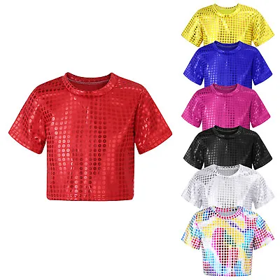 Buy UK Kids Boy Girl's Sequin T-Shirt Shiny Hip-hop Tank Tops Performance Dancewear • 8.48£