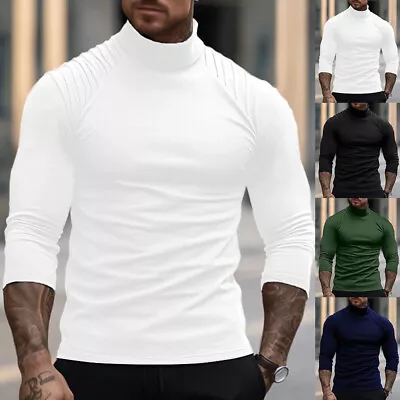 Buy High Neck Long Sleeve T Shirt Solid Mens Sport Casual Slim Basic Tops Size 36-44 • 3.39£