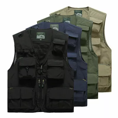 Buy Men Sleeveless Multi-Pocket Waistcoat Safari Gilet Jacket Hiking Fishing Vest UK • 19.99£