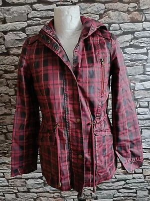 Buy Red Herring Ladies Red Plaid Wax Cotton Rain Coat Jacket Hooded Size UK 8 • 13.95£
