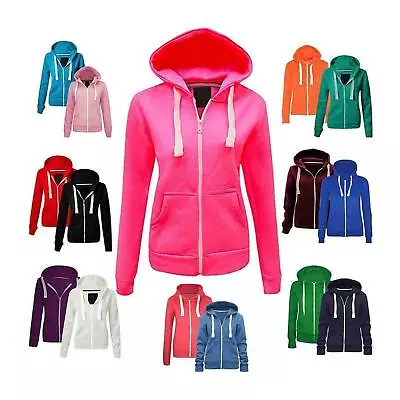 Buy Ladies Plain Zip Up Hoodie Sweatshirt Womens Fleece Jacket Hooded Top UK 8 To 22 • 12.49£