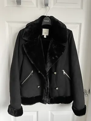 Buy Ladies Black RIVER ISLAND Faux Fur Lined Faux Suede Biker Style Jacket - Size 10 • 48£