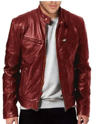 Buy Uk Mens Vintage Cafe Racer Brown Black Leather Casual Slim Fit Real Biker Jacket • 24.98£