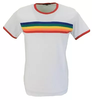 Buy Mens White Retro MOD 60s Indie Rainbow Striped Cotton T Shirt  • 19.99£