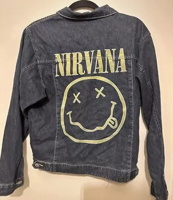 Buy Nirvana Denim Jacket Smiley Design Grunge Rock Band Merch Size Small Kurt Cobain • 25.30£