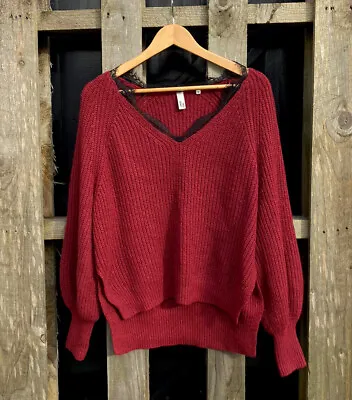 Buy And/Or Burgundy Wool Blend Rib Knit Lace Trim V Neck Bishop Sleeve Jumper Size S • 22£