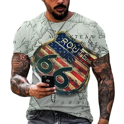 Buy Men's T-Shirt American Flag Route 66 Print Street Trend 3Dt Shirt • 13.66£