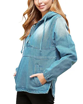 Buy Women’s Premium Cotton Casual Hoodie Half Zip Pullover Denim Jean Jacket • 33.36£