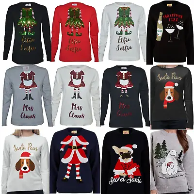 Buy Ladies Womens Novelty Christmas Sequin Mrs Claus Elf Pug Knitted Top Xmas Jumper • 9.95£