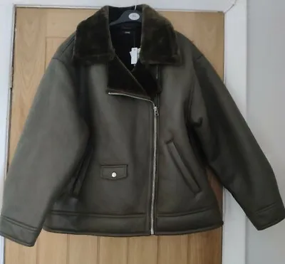 Buy Khaki Leather Look Aviator Biker Jacket • 34.99£