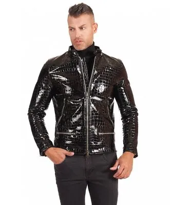 Buy Abez Men's Shiny Black Patent Crocodile Embossed Motorcycle Biker Leather Jacket • 134.68£