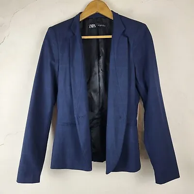 Buy Zara Womens EU36 Formal Dinner Jacket Navy Blue Check Woven Button Up • 11.99£