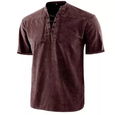 Buy Summer Men V Neck Short Sleeve Plain Shirts Tops Casual Lace Up T Shirt Blouse • 10.99£