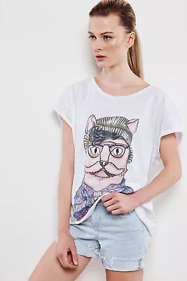 Buy Ladies Hand Drawn Cat Face Digital Print T-Shirt • 15£