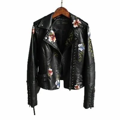 Buy Women Floral Embroidery Faux Soft Leather Jacket Casual Punk Outerwear Tops Coat • 45.95£