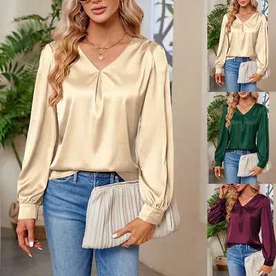 Buy Womens Long Sleeve Satin Silk T Shirt Ladies Work Party V Neck Blouse Tops Size • 3.49£
