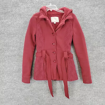 Buy Vanity Jacket Womens Small Red Button Up Fleece Lined Hooded Belted Pockets Coat • 6.61£