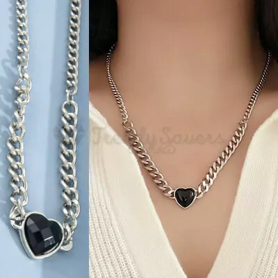 Buy Stainless Steel Silver Curb Chain Necklace Black Heart Crystal Pendant Jewelry • 4.99£