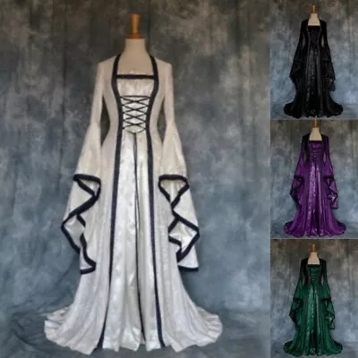 Buy Womens Medieval Gothic Maxi Dress Witch Gown Fancy Cosplay Costume Size 6-20 • 5.99£