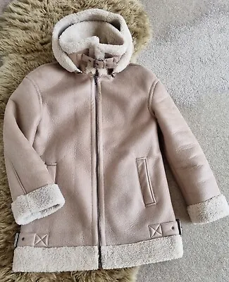 Buy M&S Faux Shearling Leather Detachable Hooded Aviator Jacket Natural Beige Sz 6 • 14.99£