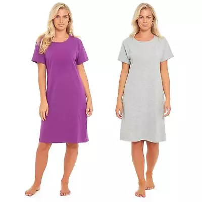 Buy Nightdress Nightie Womens Cotton Ladies Short Sleeve Plain Solid Purple Grey PJs • 7.99£