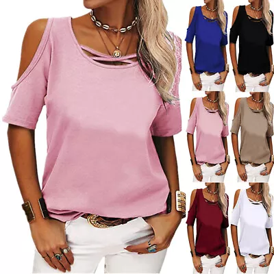 Buy Plus Size Womens Cold Shoulder T Shirt Summer Plain Casual Loose Tops Blouse Tee • 2.89£