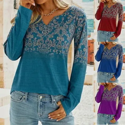 Buy Women Ethnic Print V Neck T Shirts Ladies Long Sleeve Pullover Tunic Tops Blouse • 3.19£