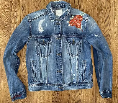 Buy AMERICAN EAGLE Destroyed Denim Jean Jacket With Embroidery 'Just For Fun'  Large • 26.89£
