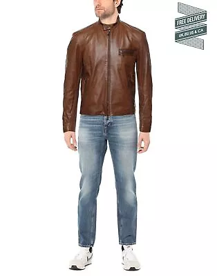 Buy RRP€750 CRUCIANI Leather Racer Jacket IT50 US40 L Lined Mandarin Collar • 199.99£