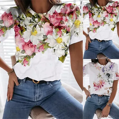 Buy Womens Floral Short Sleeve T-Shirt Tops Ladies Summer Casual Loose Blouse Tee • 9.69£