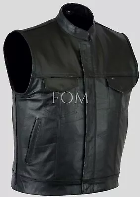 Buy Mens SOA Real Leather Waistcoat Motorcycle Biker Cut Off Vest Club Vest • 67.50£