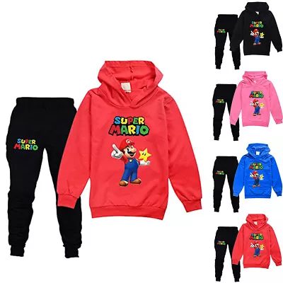 Buy Super Mario Kids Boys Long Sleeve Hoodie Sweatshirt Pullover Jumper Tops Pants • 12.69£