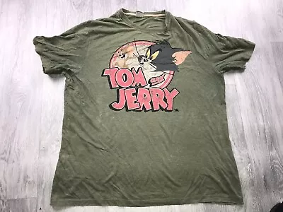 Buy Vintage Style Khaki Green Tom & Jerry  Cartoon Character Print Tshirt Size L • 16£