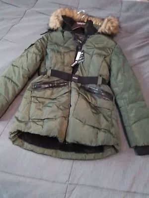 Buy XOXO Womens Winter Jacket Full Zip Faux Fur Army Green Beautiful NWT See Video • 75.77£