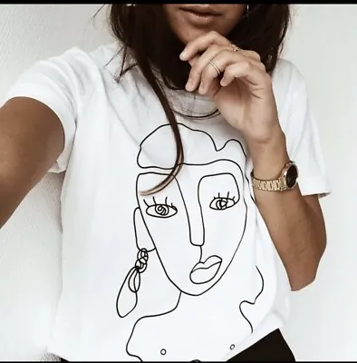 Buy Art Face Line Summer White Women T-shirt Size S • 10£