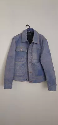 Buy New Zara Denim Look Buffualo Leather Jacket L Blue Bomber Trucker Biker Coat • 200£
